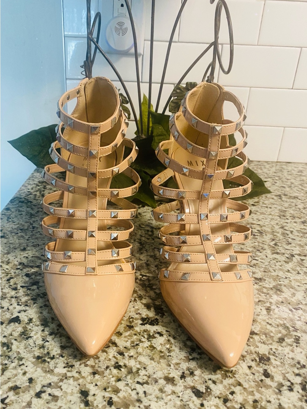 Mix No. 6 Blush Patent Studded Strappy Pointed-Toe Heels